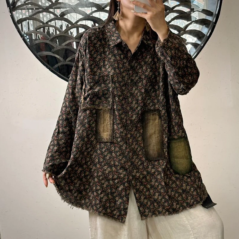Masss Wasss Autumn Fashion Floral Tops Womens Vintage Classic Printed Patchwork Shirts Ladies Casual Streetwear Cotton Blouses