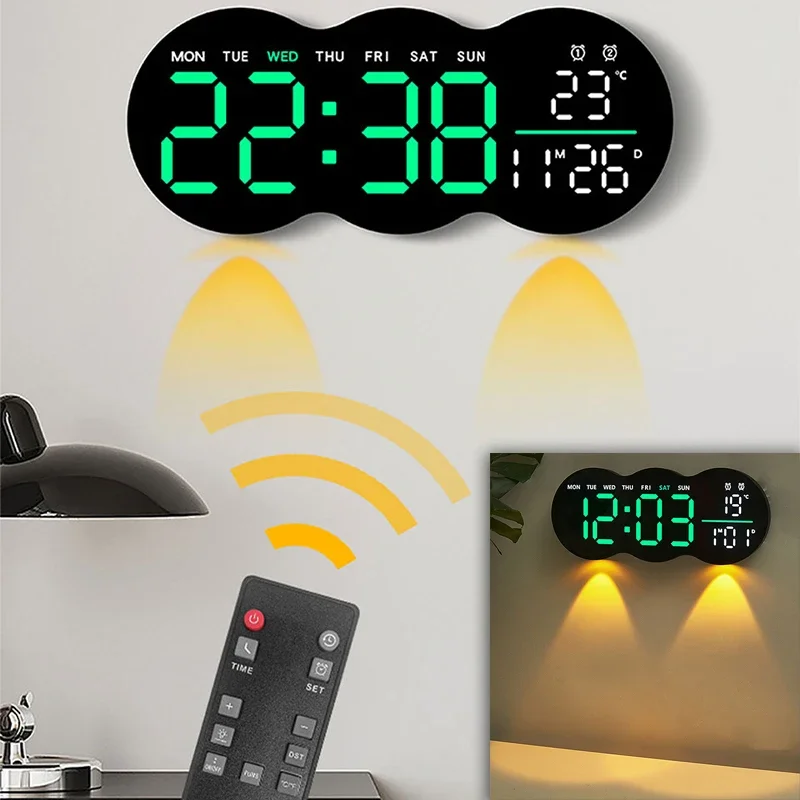 Digital Wall Clock with Remote Control Auto Ambient Light Sensor Temperature Week Display Dual Alarm Clock LED Disply Clocks