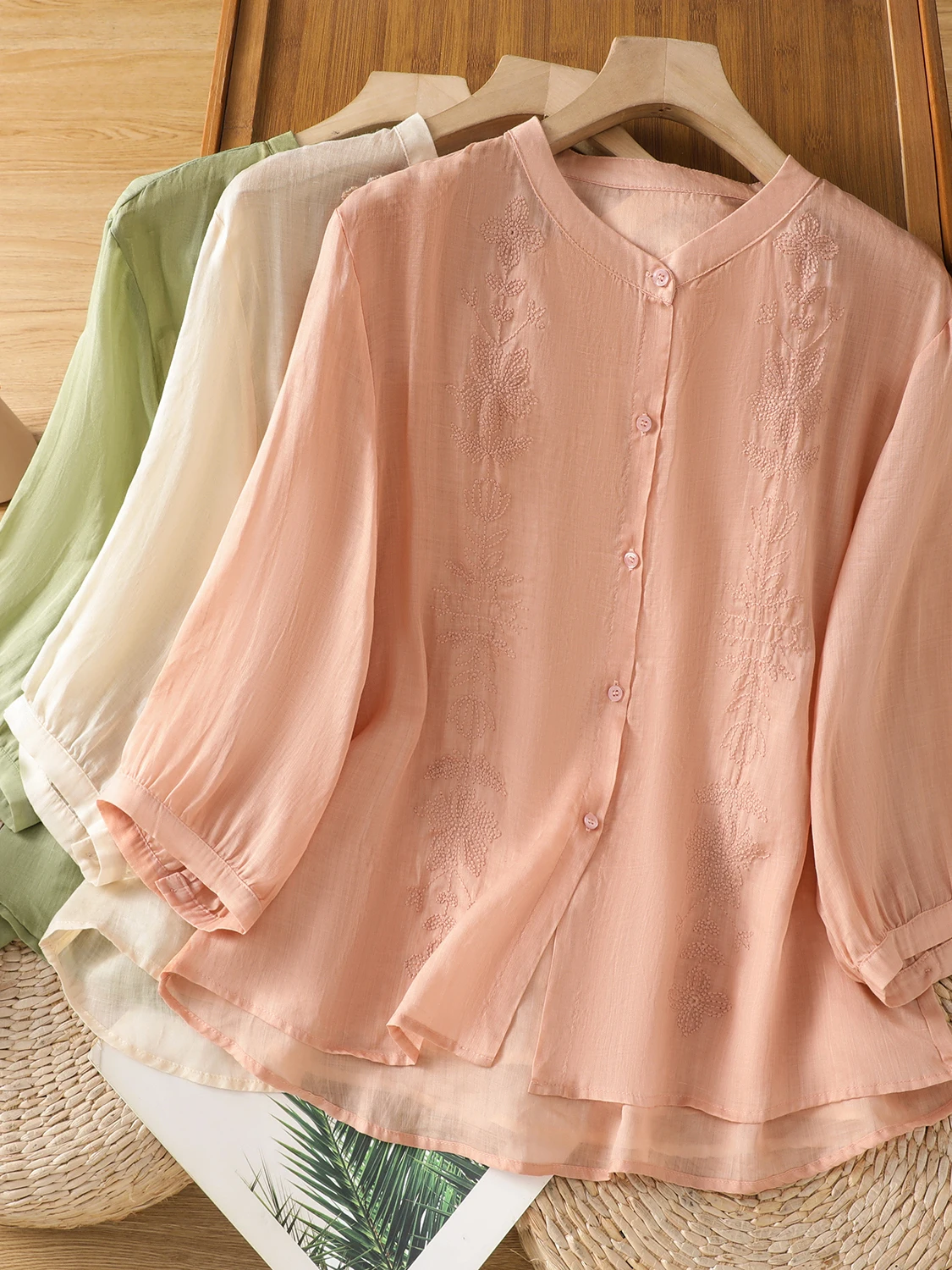 

New 2026 Cotton Linen Color Embroidered Shirt Loose Thin Summer Top for plus Size Women Stand Collar Embroidered Blouse