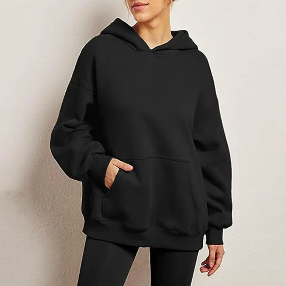 ผู้หญิงHoodie COZY PLUSขนาดHoodieกระเป๋าขนาดใหญ่Drawstringรายละเอียดสําหรับผู้หญิงฤดูใบไม้ร่วงฤดูหนาวกีฬาTop Elastic Cuffsกลาง