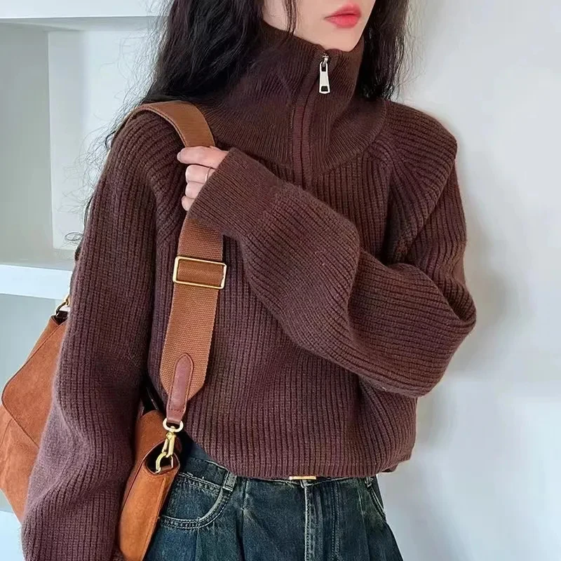 Rimocy Chic Zipper Up Turtleneck Sweater Women Autumn Winter Knitted Cropped Sweater Woman 2024 Solid Color Korean Jumper Female