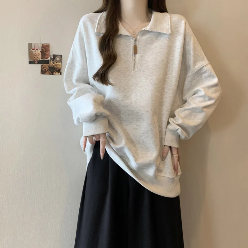 Women Tops Turn Down Collar Zipper Tees Pullover T Shits Long Sleeve Autumn 2025 Loose Fit Casual Solid Slight Strech Basics