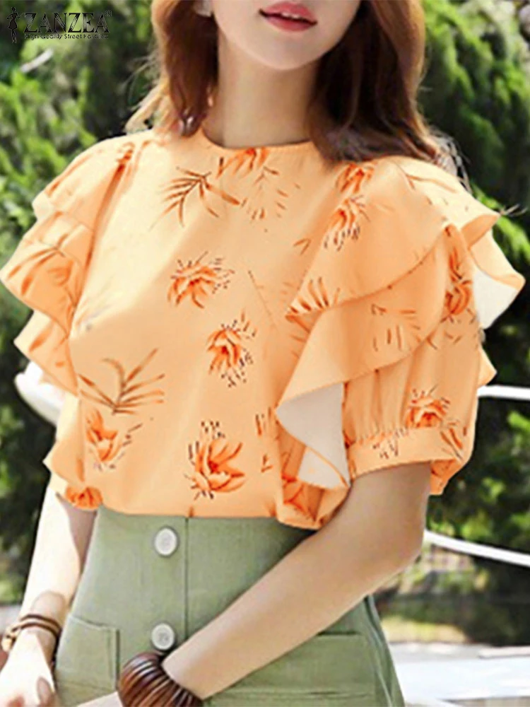

ZANZEA Bohemian Blouse Women Tops 2025 Fashion Floral Print Tee Summer Ruffles Blouses Short Sleeve Blusas Holiday Work Tunic