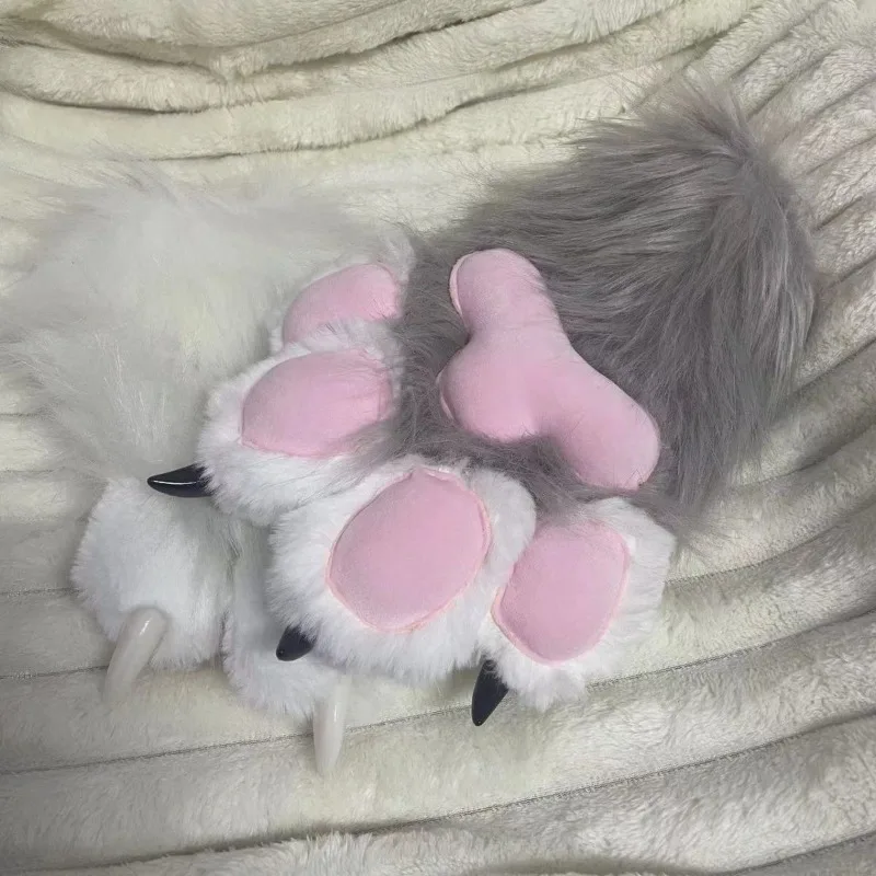 Fursuit kigurumi animal gato peludo patas luvas de pelúcia kig cosplay traje prego garras tigre para festa de halloween