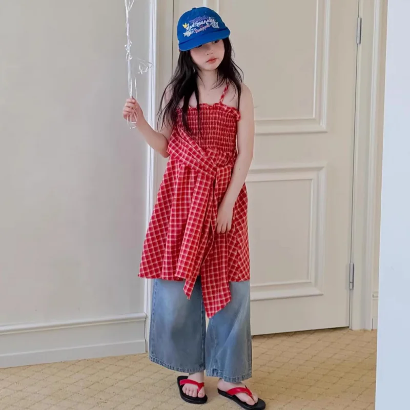 

Girls' Dress2026Summer new children's Korean-style red plaid suspender dress with a stylish layered design