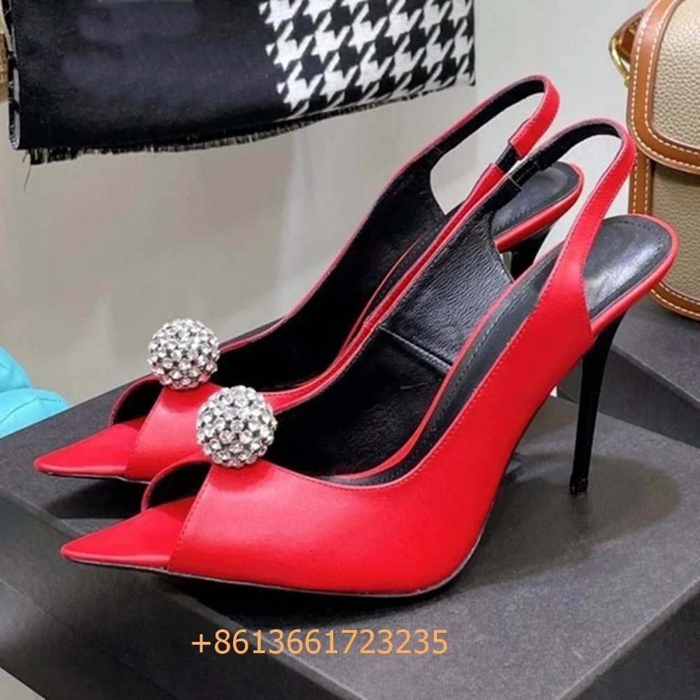 

Сексуальные женские туфли-лодочки с острым носком и стразами, босоножки с открытым носком на тонком каблуке с открытой пяткой, черные/белые/красные туфли на высоком каблуке из натуральной кожи