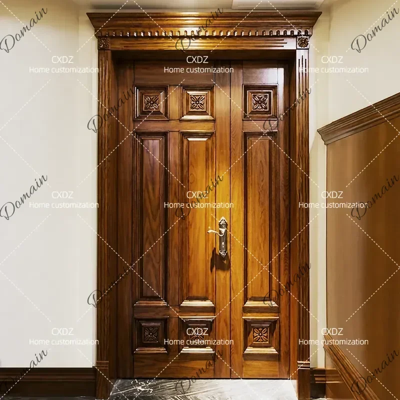 American Style Soundproof Indoor Double Flat Carved Custom Study Room Composite Multi Layer Solid Wood Door