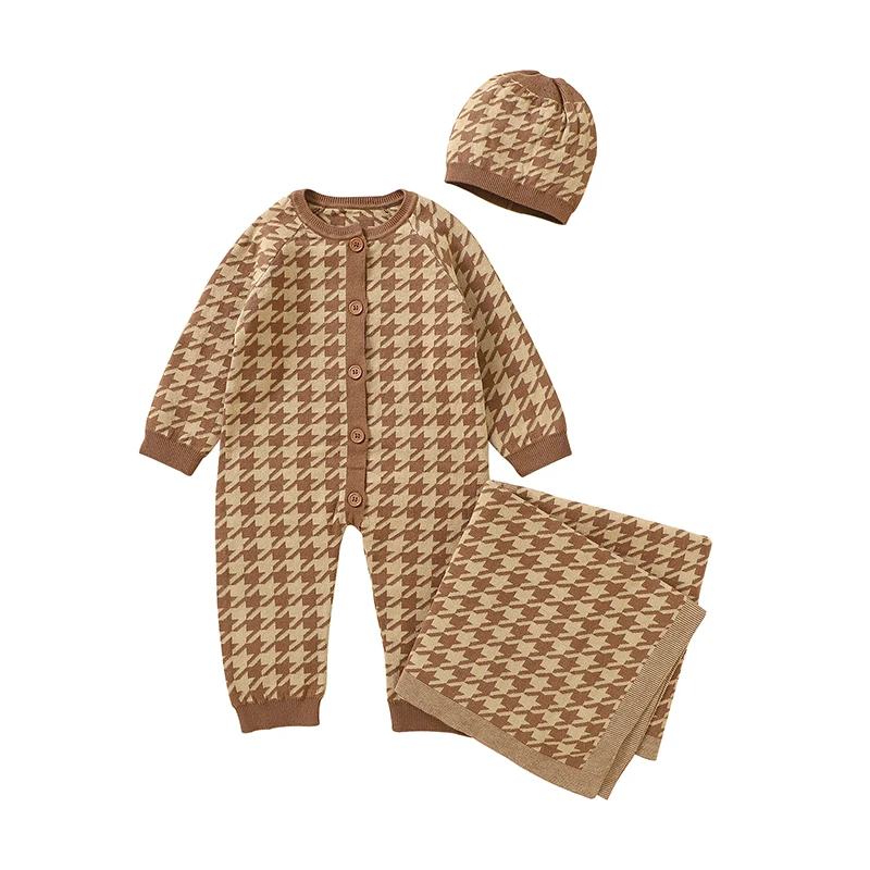 Baby Rompers Hats Clothes Autumn Long Sleeve Knitted Newborn Boys Girls Plaid Cotton Jumpsuits Winter Toddler Playsuits 2pcs Set