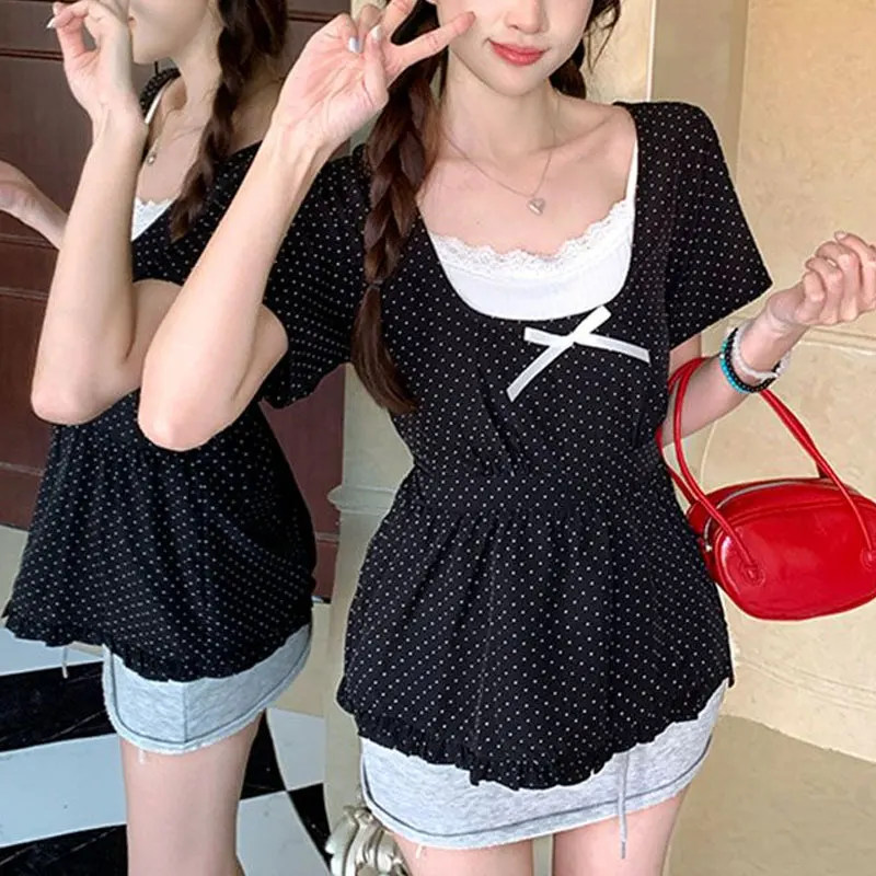 Polka Dot Stylish Bow Waist Shirts Female clothing Two Piece Set Summer New Square Collar Vintage Short Sleeve Lace Folds Blouse