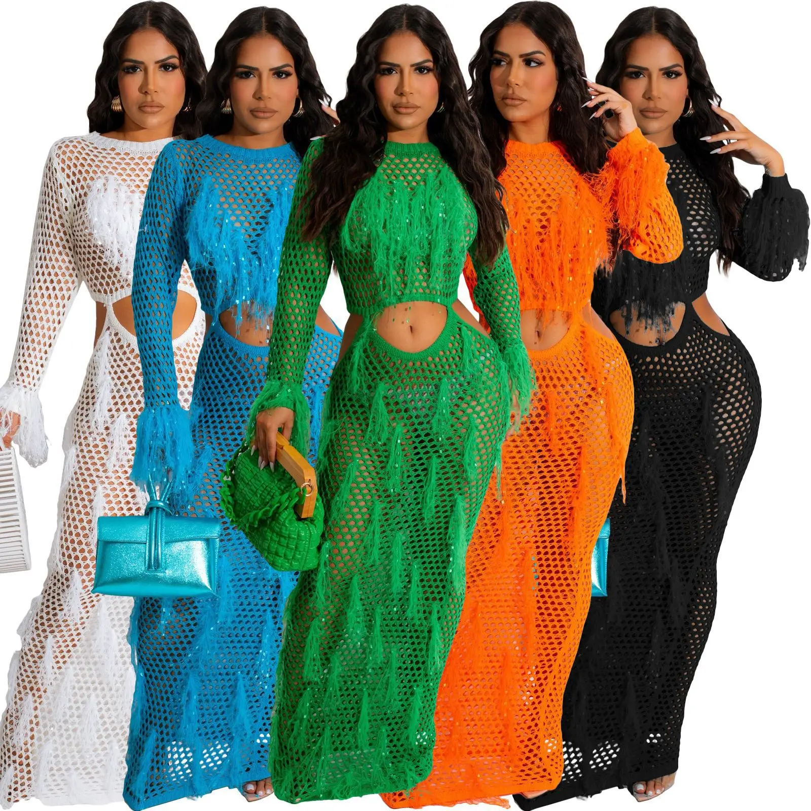 Women\'s Sequined Tassel Hollow Out Long Dress for Women Sexy Hole Night Club Party Beach Wear Maxi Dresses Robe Femme 2023 Y2K