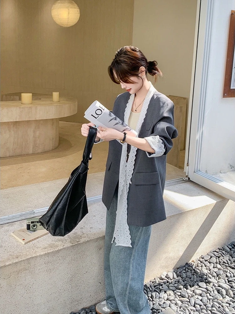 

Women's 2025 Spring Autumn Loose Fit Blazer Premium Lace Bow Patchwork Unique Design Casual Elegant Suit Jacket Elegant Pretty