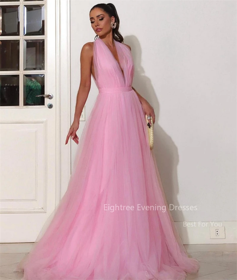 Eightree-Robe de soirée à col en V en tulle pour femme, licou rose sexy, robe formelle longue avec train, événement, quelque soit