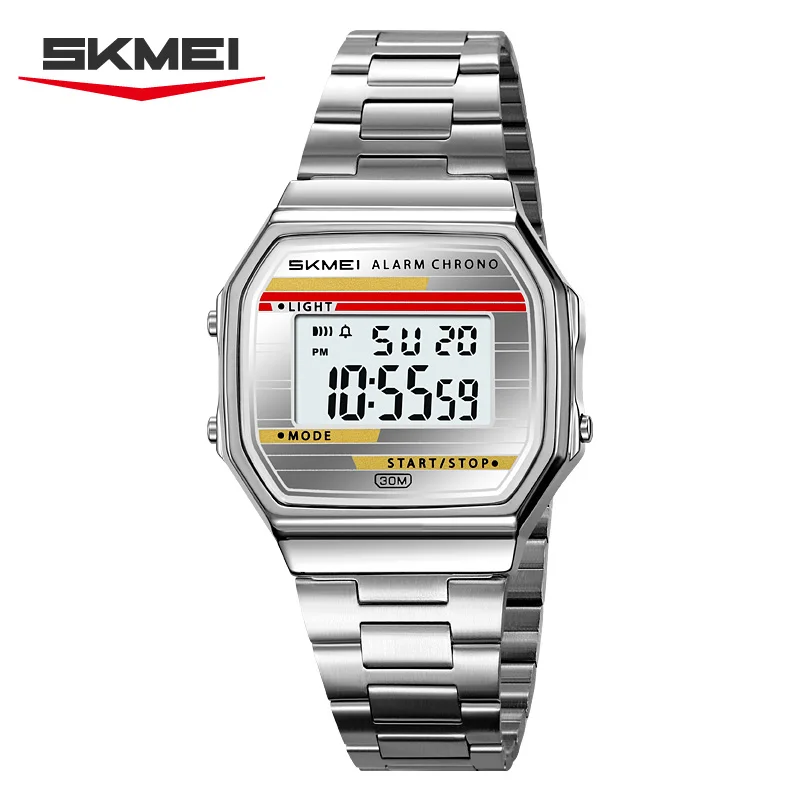 SKMEI 2514 New Men's Digital Watch Retro Square Gold Case Stainless Steel Strap Stopwatch Alarm Clock Classic Watch Reloj Hombre