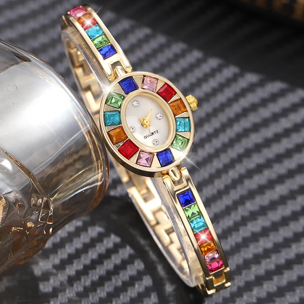 Elegant Metallic Quartz Women Watch With Colorful Rhinestones Ideal Present For Valentine Easter Special Occasions  Celebrations