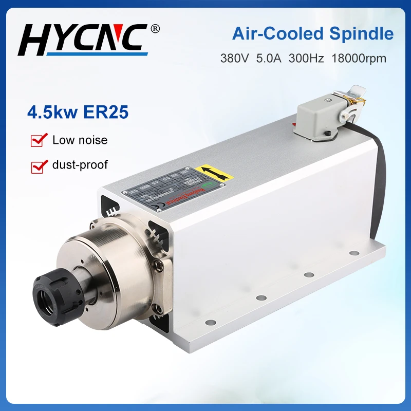 CNC Air-Cooled Spindle Motor 4.5kw ER25 Square Spindle With Flange 4 Bearing 18000RPM For CNC Engraving Woodworking Router