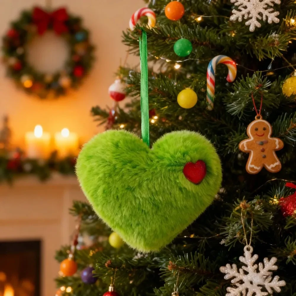5-15 Stück Grüne Flauschige Herz-Weihnachtsornamente Rotes Herz im Grinch-Stil Herz-Christbaumkugel Weihnachtsbaum-Hängedekoration für Feiertagspartys – Detail 5