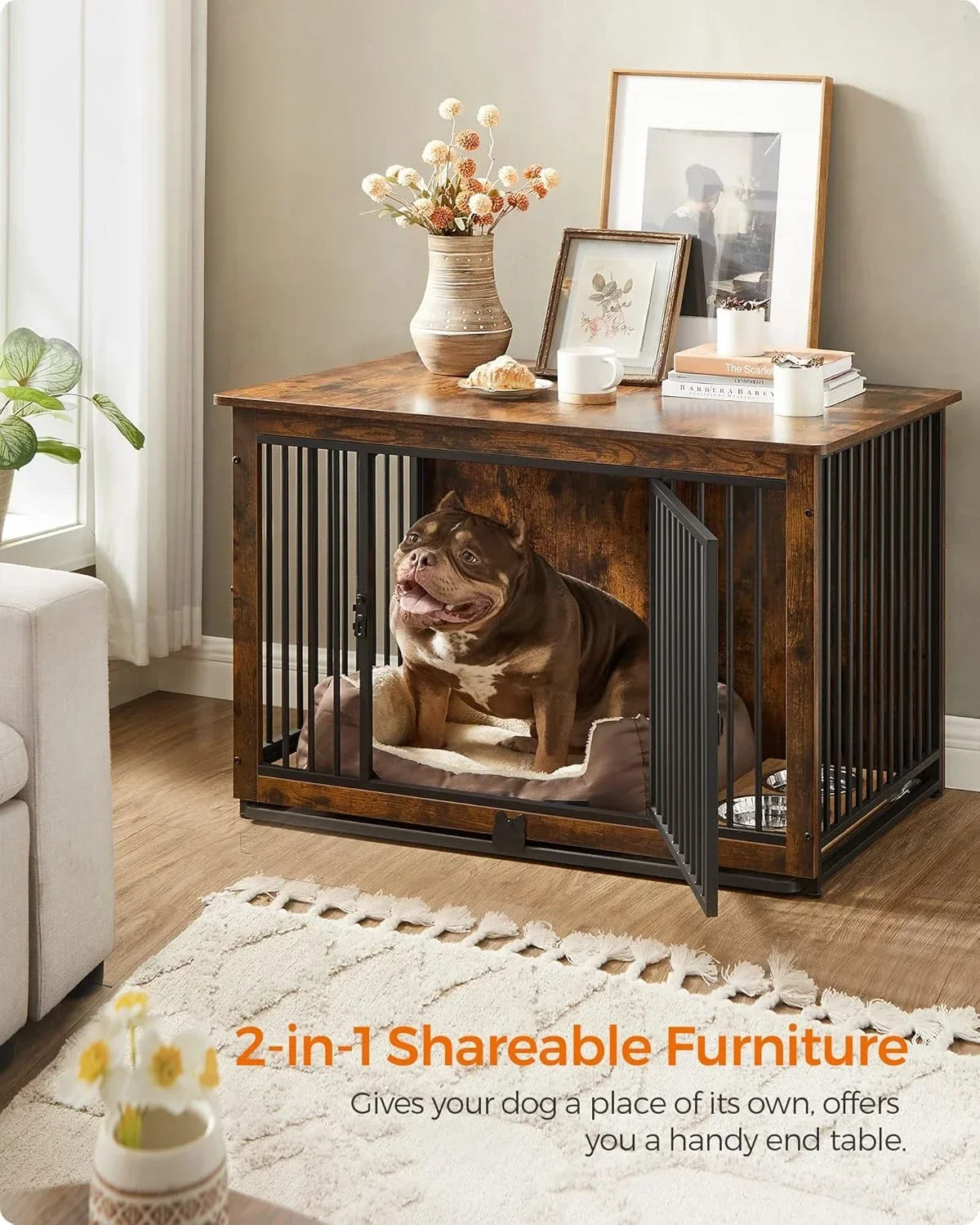 Dog Crate Furniture, 38 Inches Dog Kennel for Dogs up to 70 lb, Heavy-Duty , Double Doors Dog House, Rustic Brown