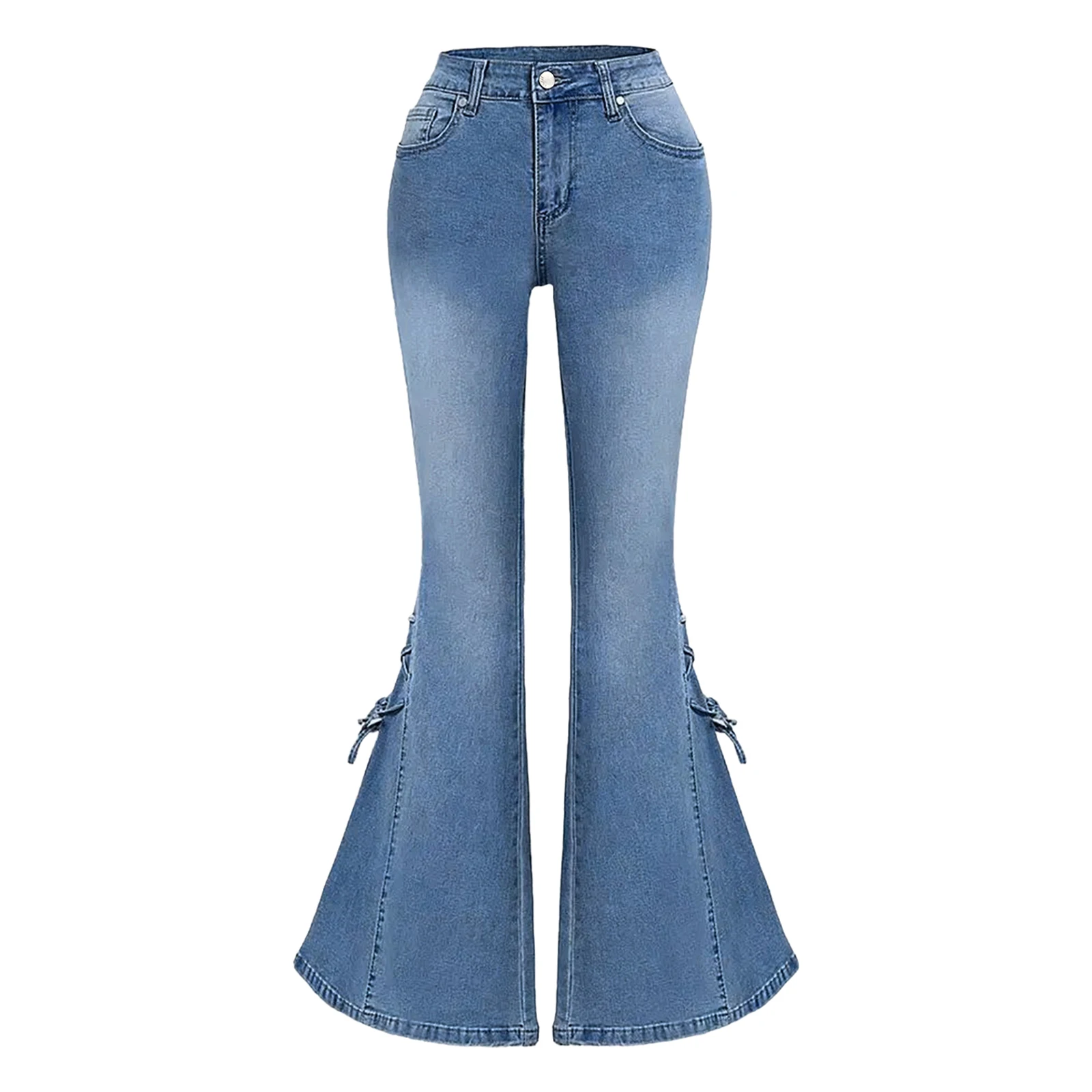 

Womens Stylish Flared Jeans Side with Tying Bow Bell Bottoms Trousers Denim Long Pants for Office School Casual
