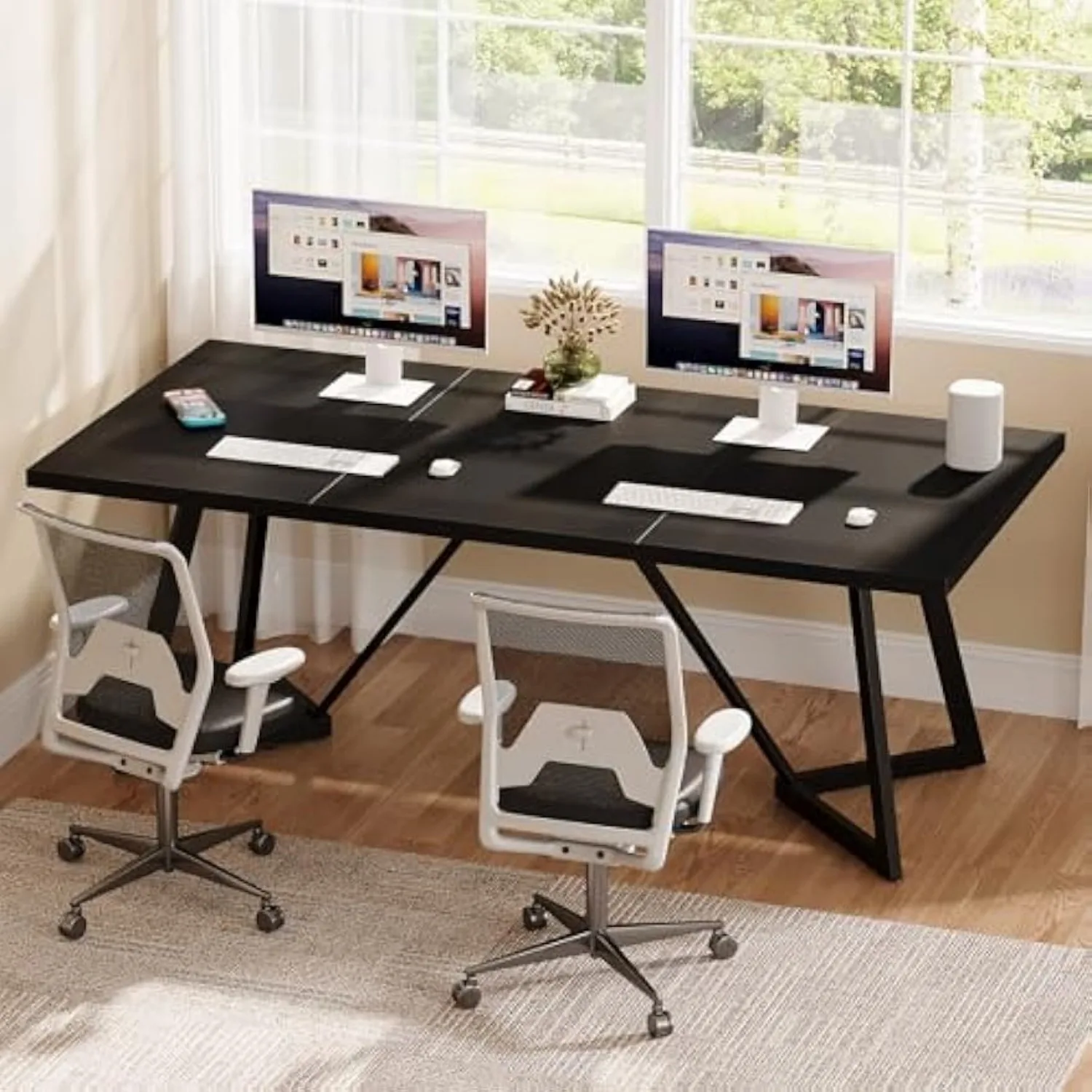 70.86-Inch Large Computer Desk, Modern Executive Desk Black Office Desk Workstation with Metal Frame for Home Office