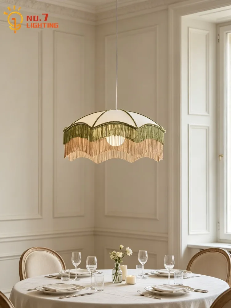 French Designer Retro Fringed Pendant Lights LED E27 Pastoral Fabric Art Decorative Hanging Lamp Model/living Room Homestay Bar