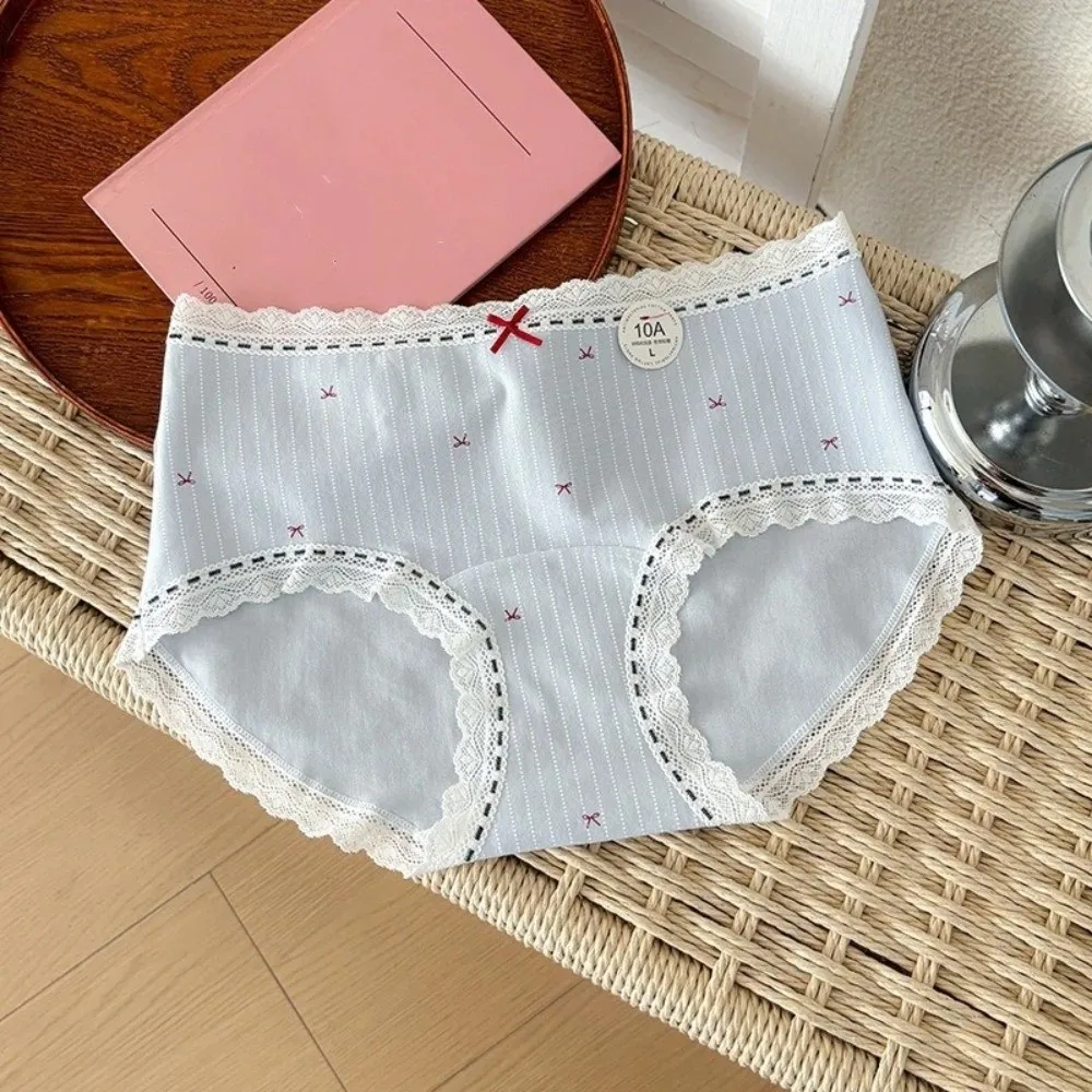

Fashion Mid Waist Lace Checked Briefs Cotton Comfortable Lace Bow Panties Sweet Women Underwear Daily Wear