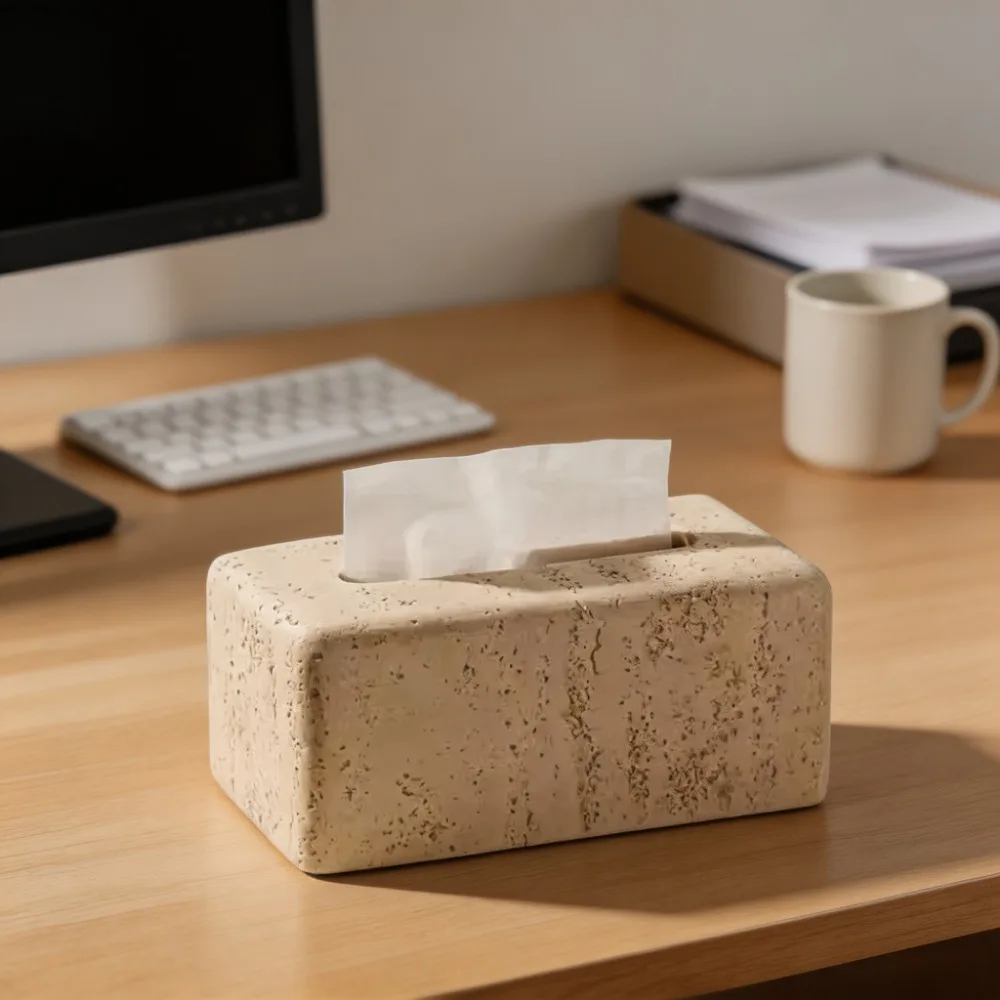 Imitation Stone Tissue Box Rectangular Desktop Napkin Holder Decorative Paper Storage Box Home Office Organizer