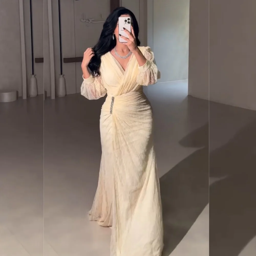 

Customized Exquisite Lace Pleat Sequined Trumpet V-neck Long Dresses Bespoke Occasion Prom Matching Chinese Style