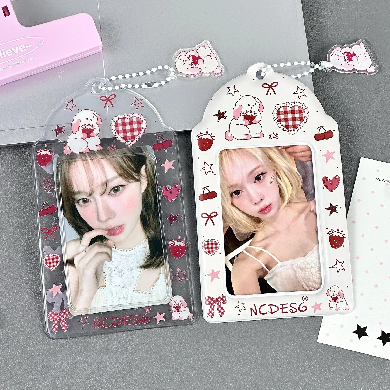 2pcs Strawberry Bunny Print Photocard Holder Korean Style 3 Inch Kpop Idol Card Case Polaroid Photo Protector