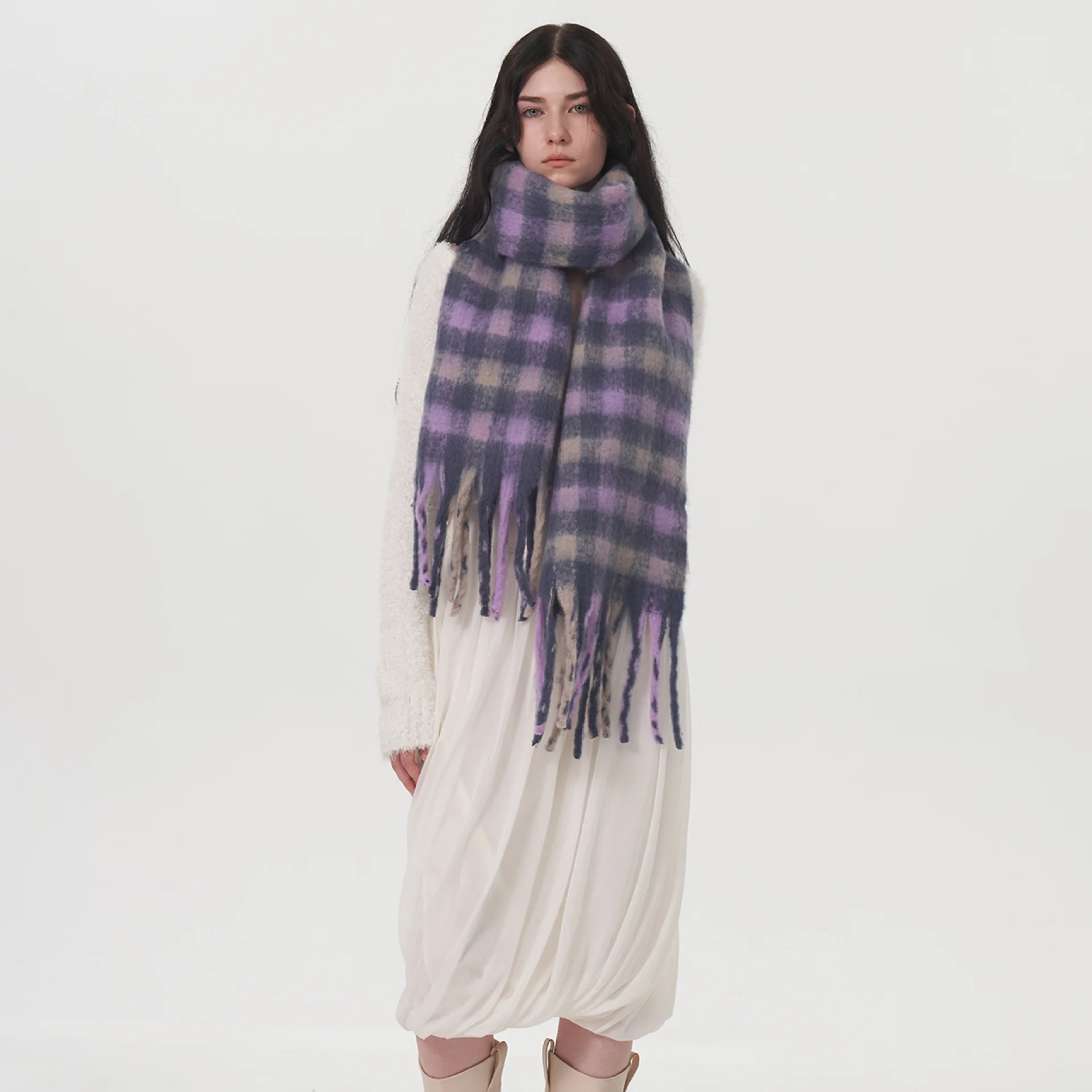 Winter Warm Women\'s Scarf Purple Plaid Thicken Shawl New Fashion Cashmere Cape Wraps Large Size echarpe femme hiver bufanda