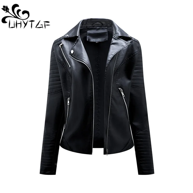 

UHYTGF PU Faux Leather Jacket Women Fashion Casual Biker Jackets Outwear Female Top Spring Autumn Black Leather Jacket Coat 2763