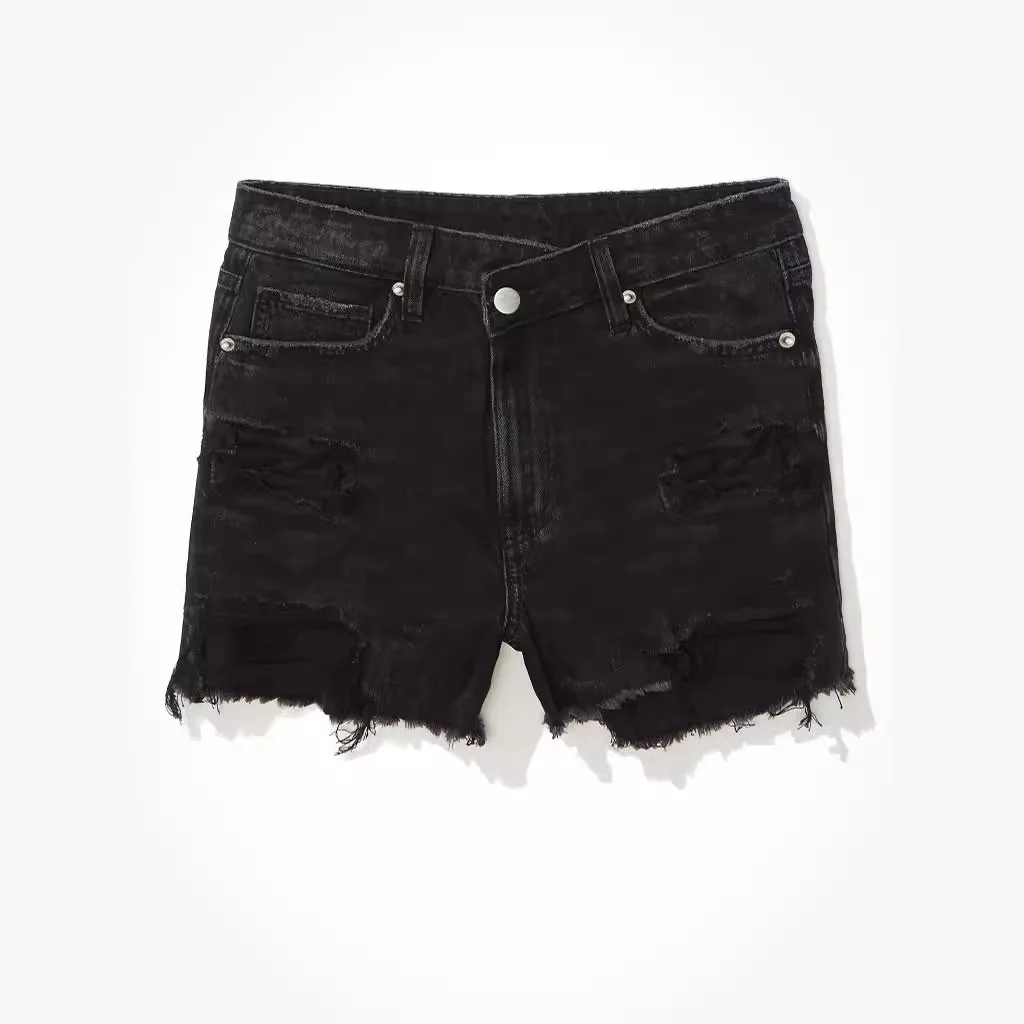 Ripped Shorts Women Trendy Solid Color Ripped Jeans Washed Button Pockets High Waist Retro Shorts Street Straight Jeans 2025