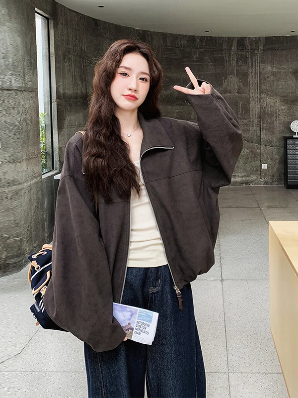 

Ele ort Women's Jaet Coat Sli Commute Top Slimming Casual Loose Fit Regular Sve Long Zipper Pure Color