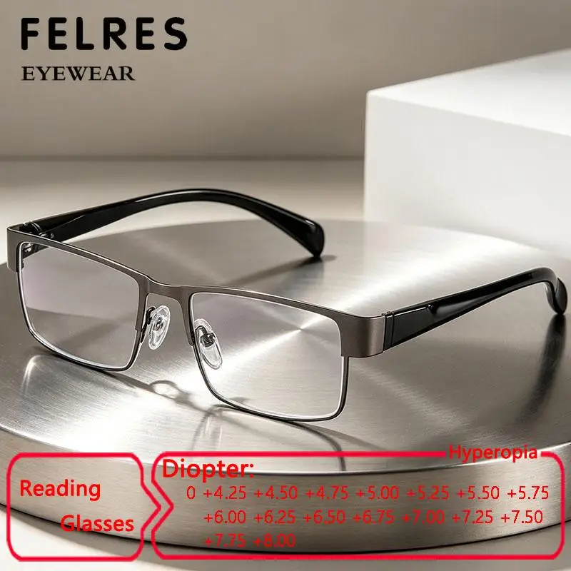 +4.5 5.0 6.0 To+8.0 High Diopter Metal Square Anti Blue Light Reading Glasses Men Single Focus Prescription Presbyopic Eyewear