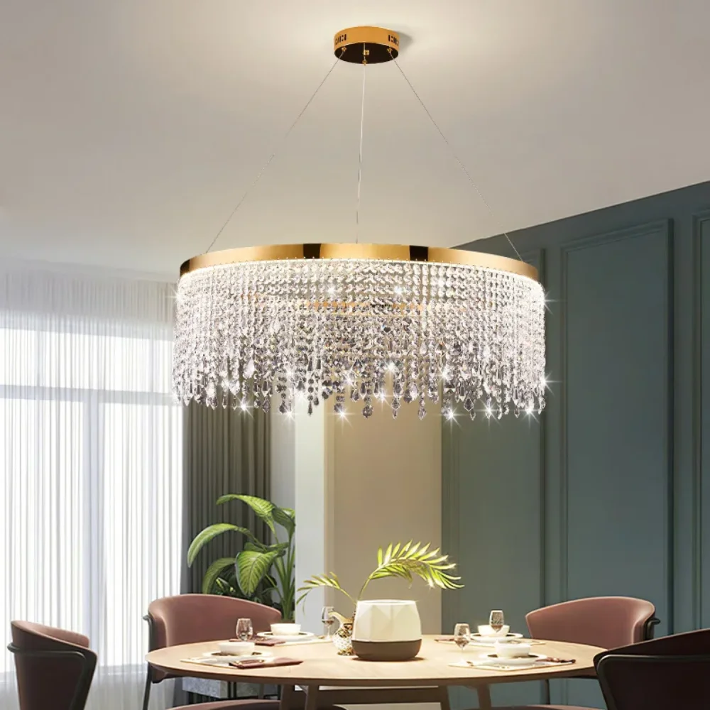 Modern Pendant Chandelier Crystal Light Infinitely Dimmable Remote Control Fixture For Dining Room Bedroom Hallway Hotel Lobby