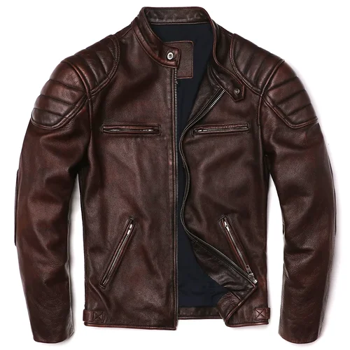 2025 Chaqueta de cuero genuino marrón Vintage Cuero de vaca Natural Real hombres motocicleta Biker abrigo para hombre abrigo de piel de becerro delgado