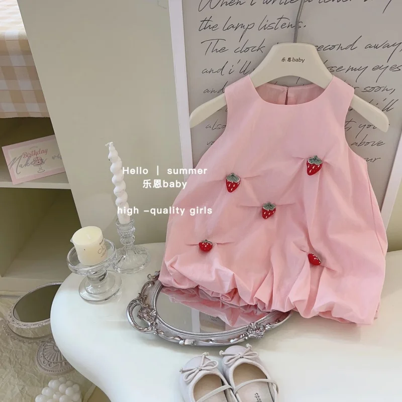 

XH-Summer New Handmade Strawberry Super Cute Girl Dress Baby Girl Fashion All-Match Sleeveless Vest Dress