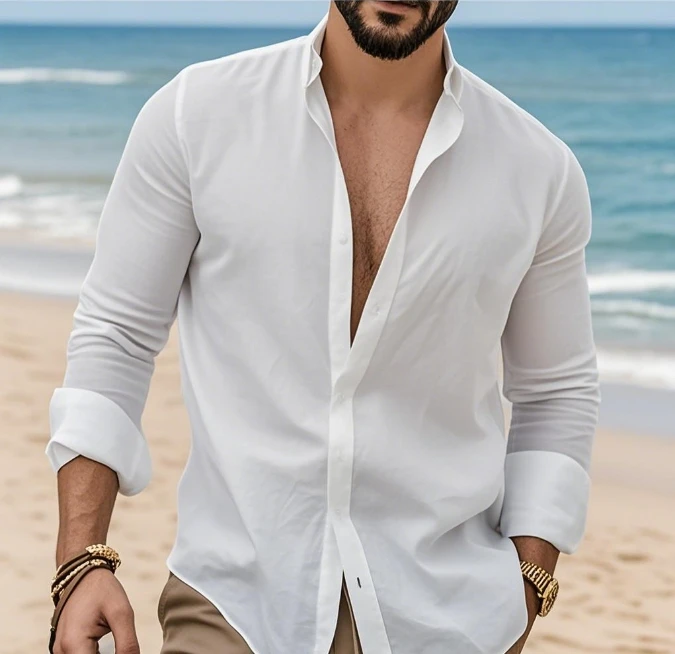 

2025 Men's Linen Cotton Shirt Long Sleeve Solid Color Casual Business Turn-down Collar Shirt Jacket for Men