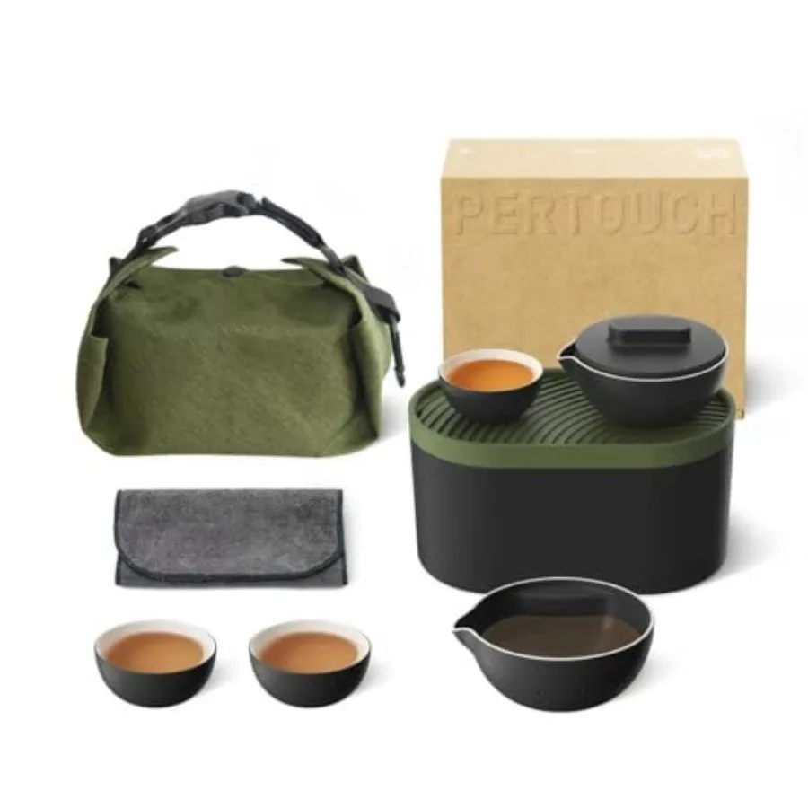 

PERTOUCH-T1 Portable Gongfu Tea Set Asian Style Travel Tea Set Double-Wall Insulated Ceramic Kit with Teapot Fair Cup 3 Tea Bow