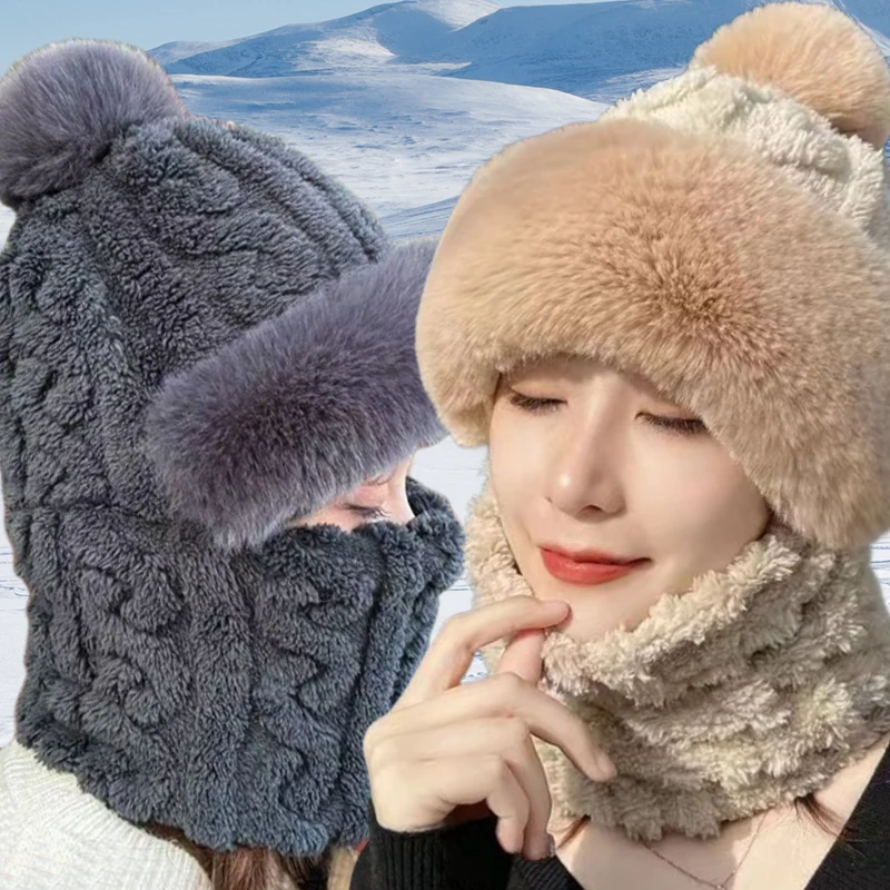 Winter Scarf Set Hooded Hat Set Women Plush Neck Warm Russia Skiing Caps Outdoor Windproof Plush Hat Thick Plush Fluffy Beanies