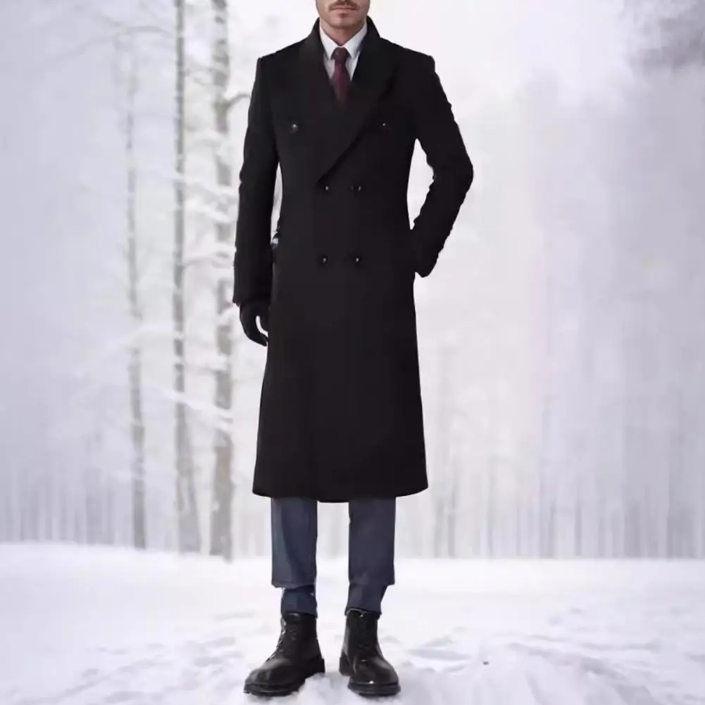 

Men Windbreaker Suit Collar Long Sleeve Double-Breasted Thickened Woolen Coat Solid Color Pockets Design Mid-length Male Outwear