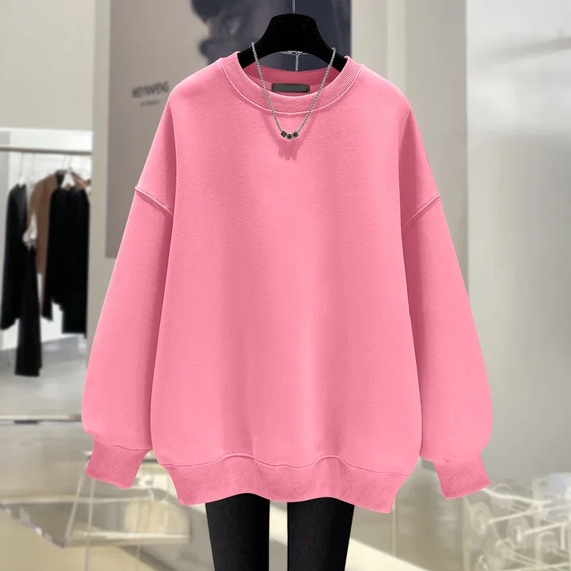 Women Clothing Basic O-neck Pure Cotton Sweatshirts Autumn Loose Casual Solid Poullovers Large Version Simple All-match Hoodies