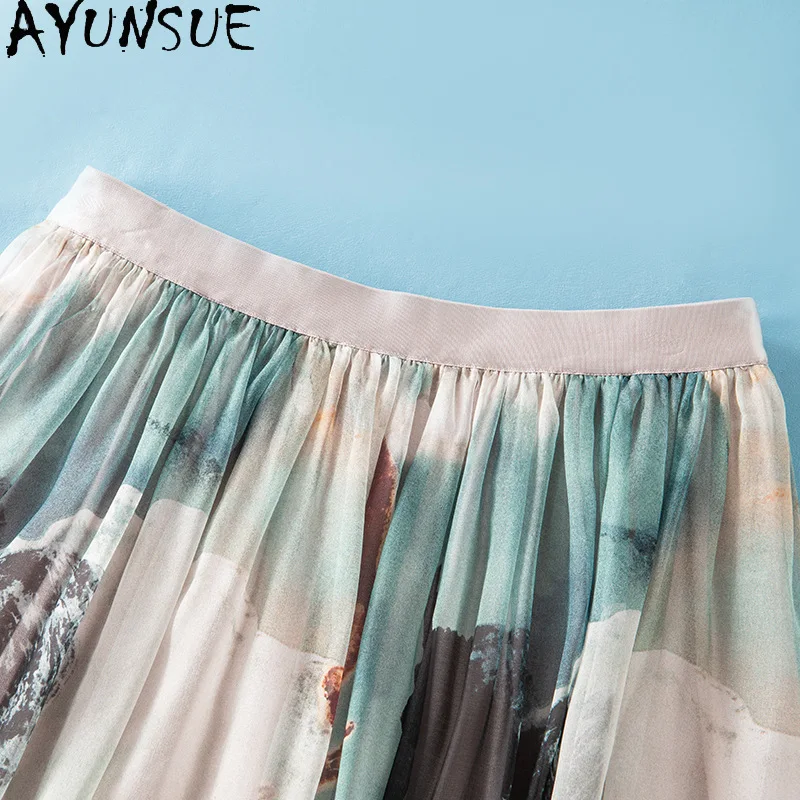 AYUNSUE 100% Silk Women's Skirts French Retro High Waist Skirts for Women A-line Summer Skirt Elegant Woman Clothes Юбка Женская