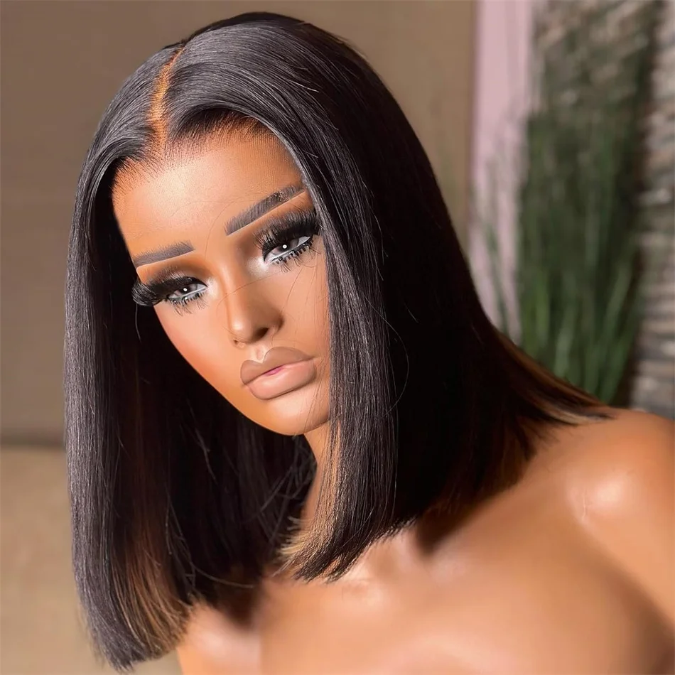 

14Inch 210% Density Brazilian Double Drawn Bone Straight 13x4 Frontal Bob Wig with 100% Human Hair Natural Black For Black Women