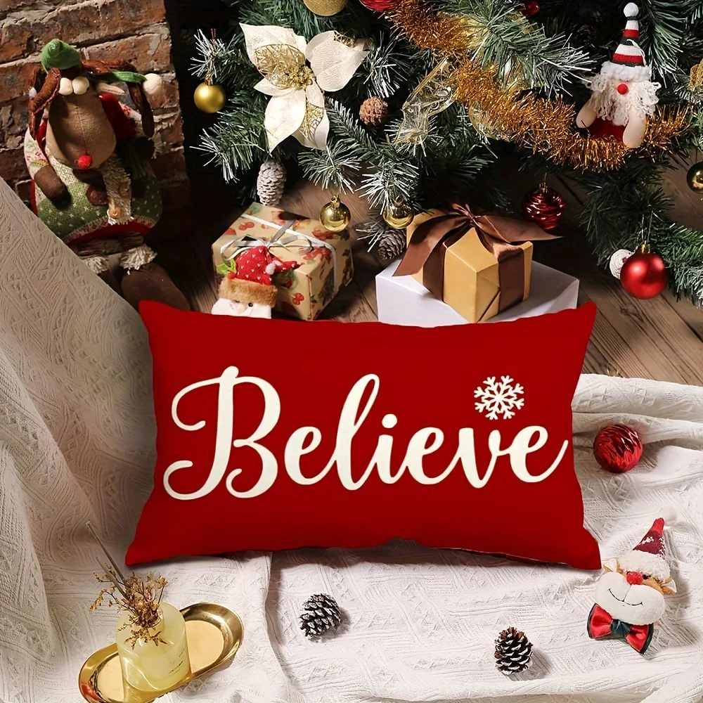 1pc Believe Christmas Snowflake Themed Printed Lumbar Pillow Cover, Suitable for Sofa, Bedroom, Living Room, Holiday Decor,
