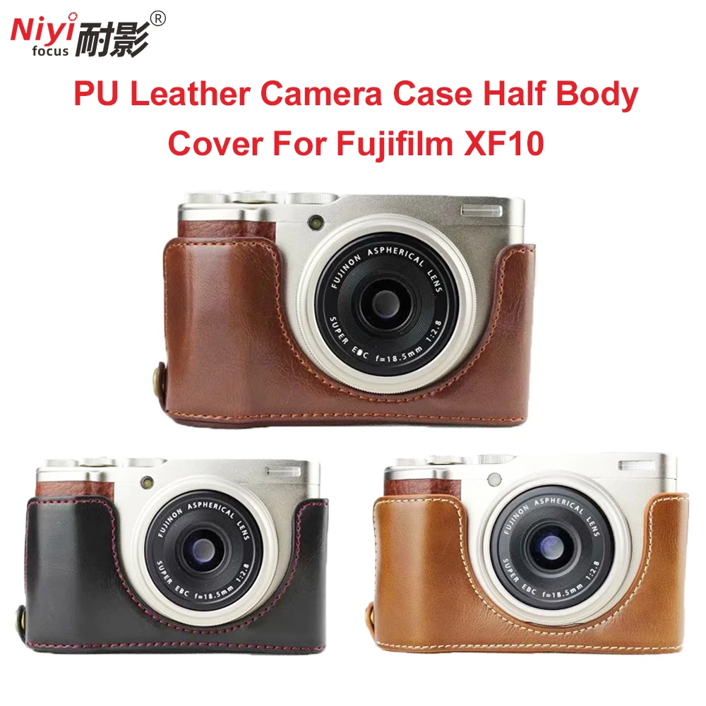 Nowy PU skórzany futerał do aparatu pół ciała pokrywa dla Fujifilm XF10 FUJI X-F10 otwarcie dolnej obudowy czarny brązowy kawy