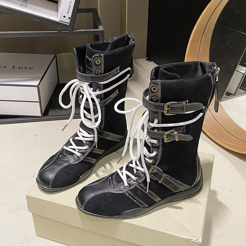 2025 أحدث الرجعية فارس أحذية بوت قصيرة النساء الربيع والخريف الدانتيل متابعة الأحذية الغربية المتخصصة منصة اللون مطابقة الأحذية #4