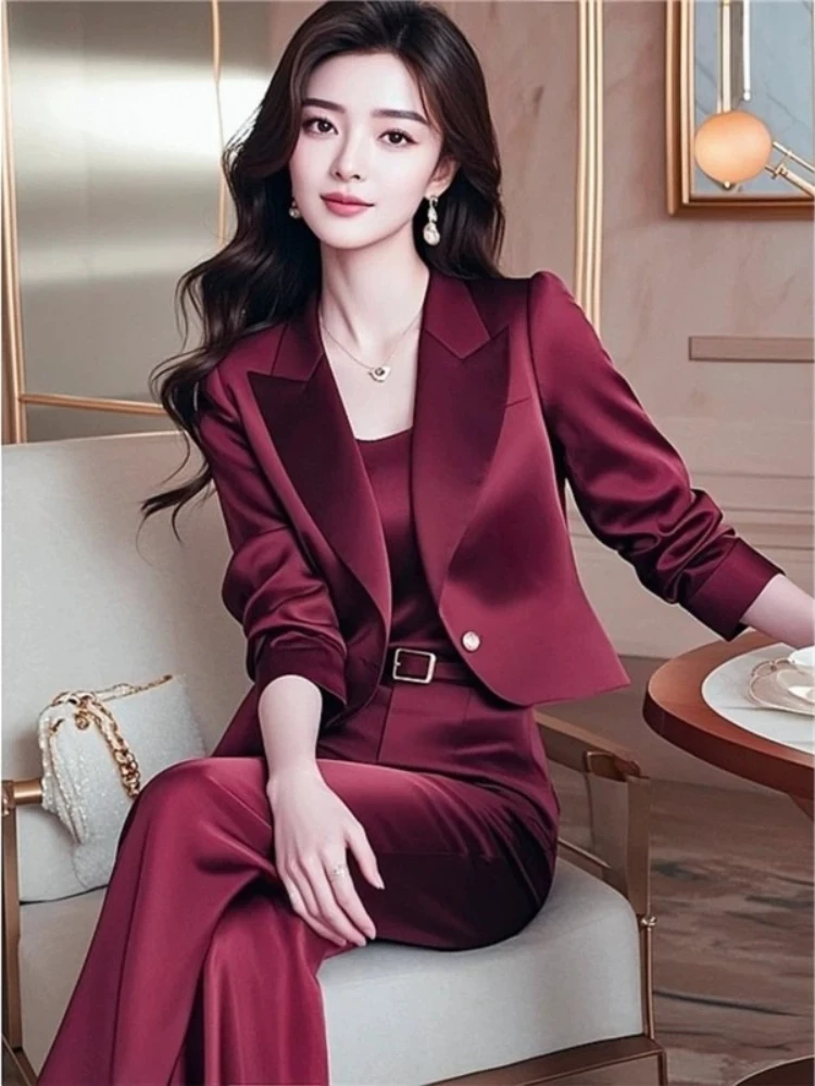 Premium Burgundy Trousers With Tailored Blazer And Leather Belt For Professional Office Wear In Early Autumn Complete Suit Set