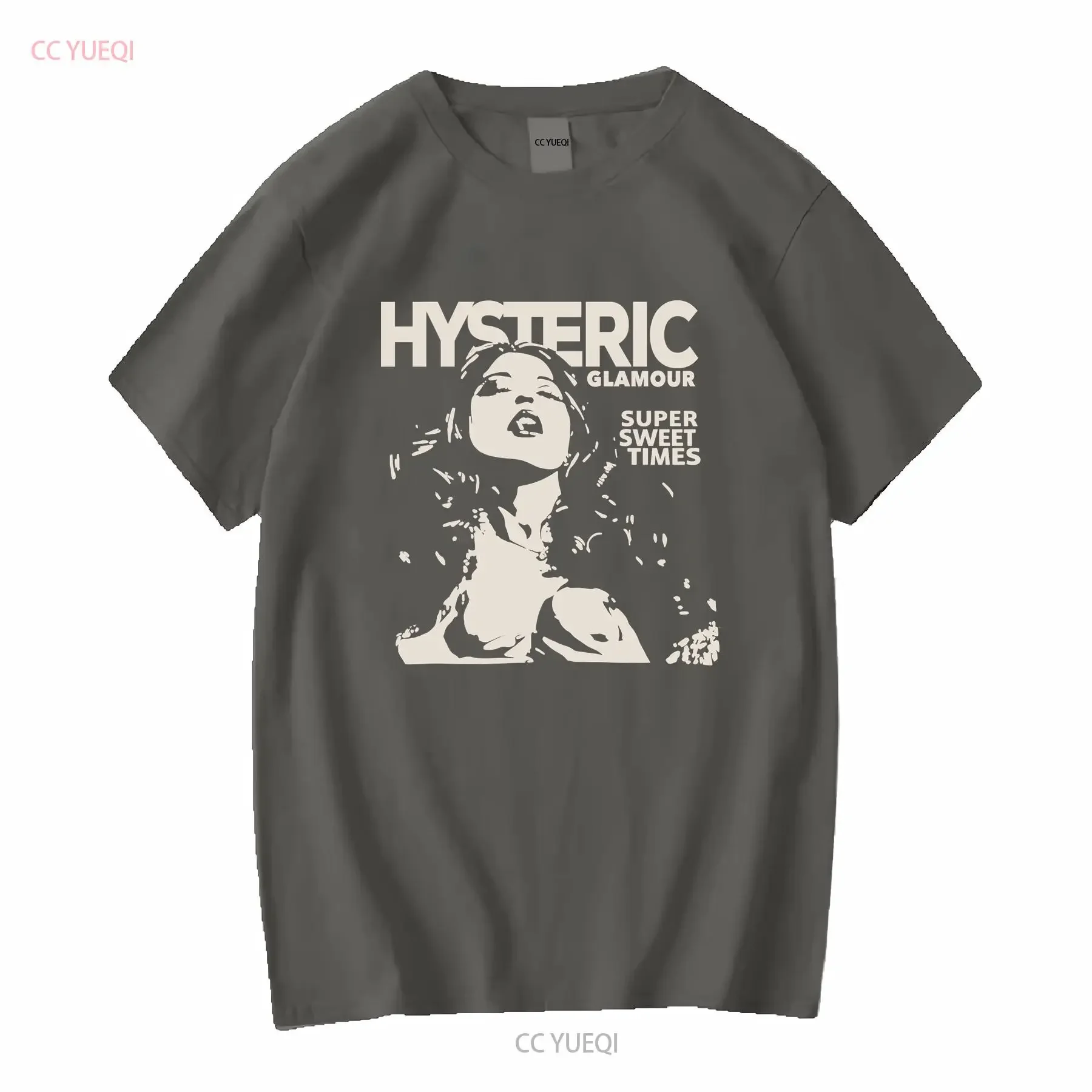 تي شيرت Hysteric Glamour سوبر سويت تايمز قطن أسود NH2720 عتيق مغسول موضة مريحة كاجوال متعددة الاستخدامات قليلاً
