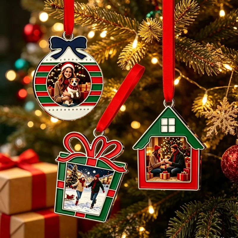 Custom photo Christmas metal ornament, house gift box bauble-shaped photo frame hanging decoration, custom photos