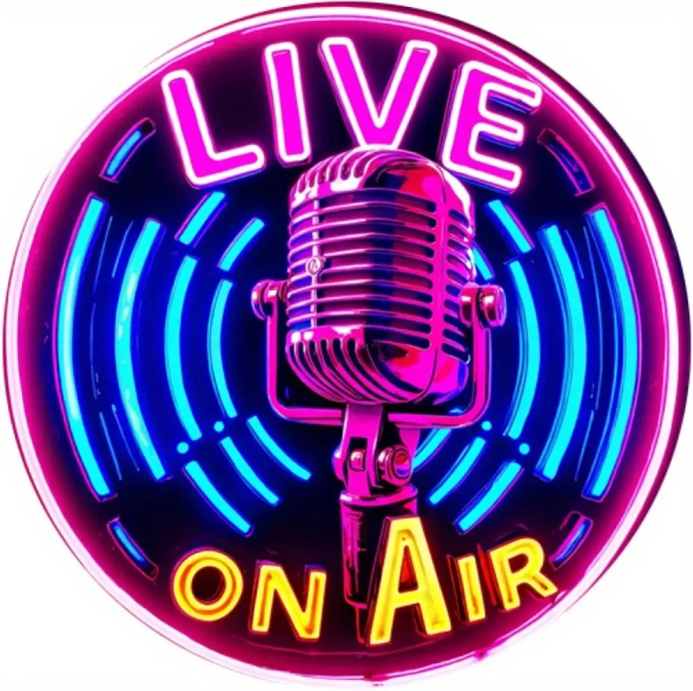 Retro Live Stream Neon Mic Metal Sign 8x8 inch – 2D Printed Circular Wall Art for Home Bar Garage Man Cave Decor